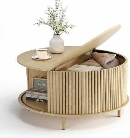 Round Coffee Table with Storage, 31.5" Natural Oak Fluted Center Table with Sliding Door, Modern Circle Drum Table for Living Room, Scandi Wood Furniture for Small Spaces