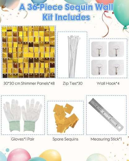 Gold Shimmer Wall Backdrop 48 Panels Cover 8 x 6 Ft, Photo Backdrops for Wedding,Anniversary,Birthday,Party Decoration