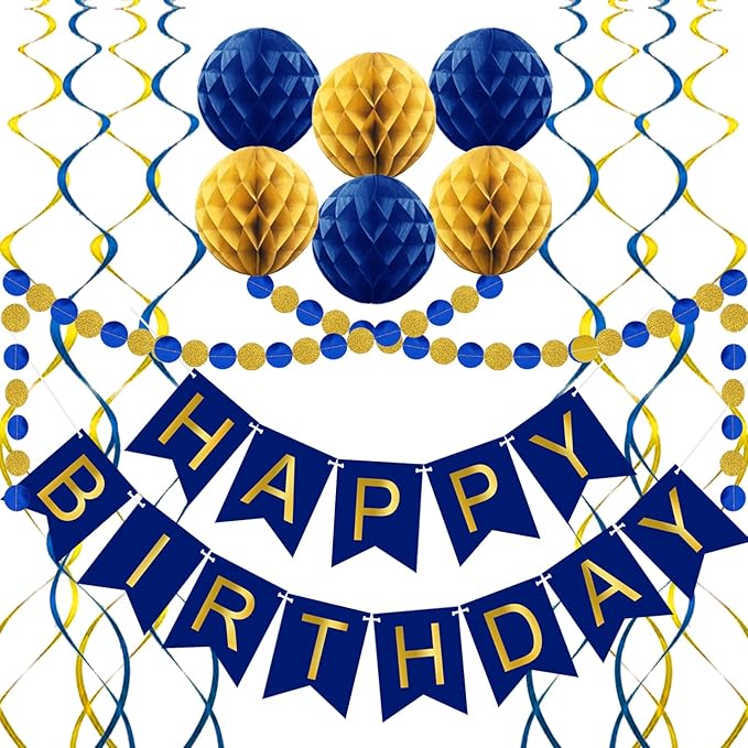 Navy Blue Birthday Decorations with Happy Birthday Banner, Paper Honeycomb Balls, Circle Garland and Hanging Swirl Decorations