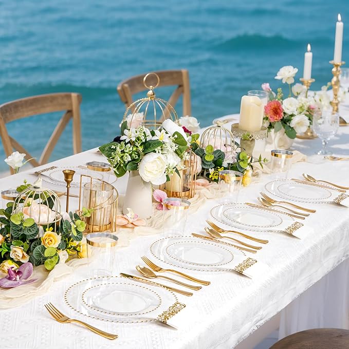 LIYH 350 Pcs Clear Plastic Plates - Gold Rim Plastic Dinnerware Set Elegant Disposable Plates Include Dinner & Dessert Plate Cups Gold Silverware Wedding Napkins for Birthday Party Wedding 50 Guests