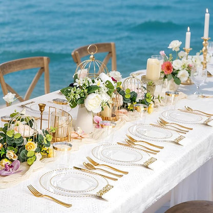LIYH 350 Pcs Clear Plastic Plates - Gold Rim Plastic Dinnerware Set Elegant Disposable Plates Include Dinner & Dessert Plate Cups Gold Silverware Wedding Napkins for Birthday Party Wedding 50 Guests