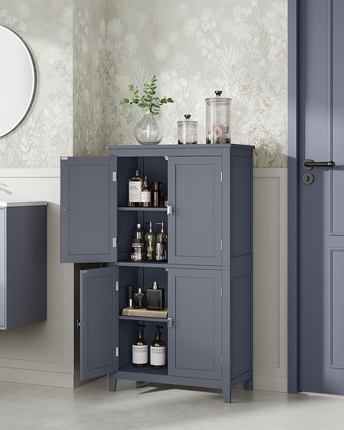 VASAGLE Floor Storage Cabinet, Freestanding Storage Unit with 4 Doors, Adjustable Shelves, 11.8 x 23.6 x 43.3 Inches, for Entryway, Bathroom, Slate Gray UBBC552G01