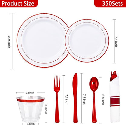 WELLIFE 350 Pcs Red Plastic Plates for 50 Guests - Plastic Dinnerware Set,Christmas Party Supplies Includes 100 Red Disposable Plates,150 Silverware,50 Napkins,50 Cups,Christmas plastic plates