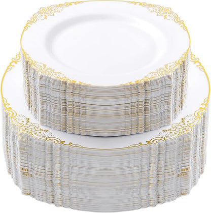 200 PCS White and Gold Plastic Plates for 100 Guests, Gold Disposable Plates Include 100 PCS Dinner Plates, 100 PCS Dessert Plates for Party, Wedding and Graduation