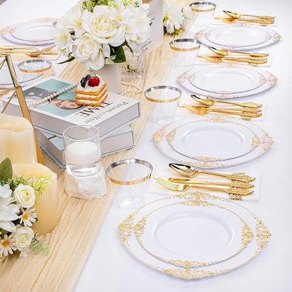 Hioasis 175pcs White and Gold Plastic Plates - Elegant Disposable Dinnerware Set Suitable for 25 Guests Include 10.25" Dinner & 7.5" Dessert Plates, Cutlery, Napkins, Cups for Party & Wedding