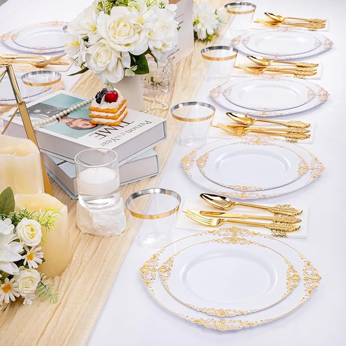 Hioasis 350pcs White and Gold Plastic Plates - Elegant Disposable Dinnerware Set Include 10.25" Dinner & 7.5" Dessert Plates, Knives, Forks, Spoons, Napkins, Cups for Party & Wedding