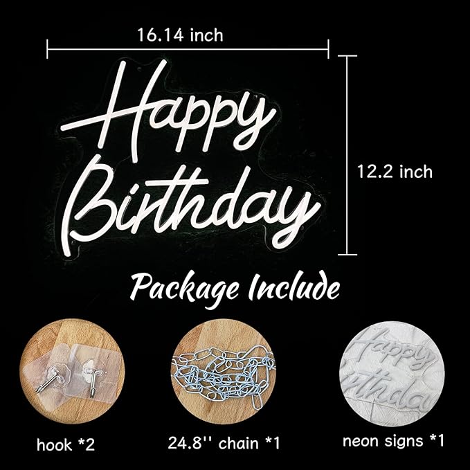 Happy Birthday Neon Sign for Wall Decor, Led Signs with Dimmable Switch, USB Powered Happy Birthday Backdrop Light Up Signs for Party Decorations, 16.1"x12.2"White