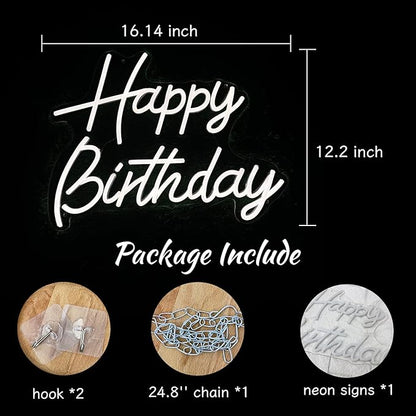 Happy Birthday Neon Sign for Wall Decor, Led Signs with Dimmable Switch, USB Powered Happy Birthday Backdrop Light Up Signs for Party Decorations, 16.1"x12.2"White