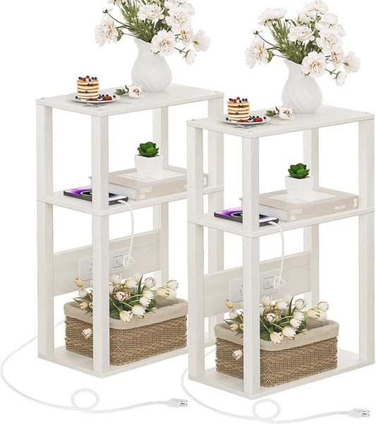3 Tier Small Narrow Bamboo Side Table Set of 2 with Charging Station - Skinny Nightstand for Small Spaces, Slim Bedside Table with USB Ports and Outlets - Thin End Table with Storage, Grey White