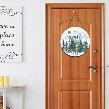 Winter Welcome Sign for Front Door Decor Farmhouse Winter Pine Trees Wood Door Hanger for Outdoor Outside Porch Rustic Hello Winter Round Hanging Sign for Home Front Porch Wall Decoration 12”x12”