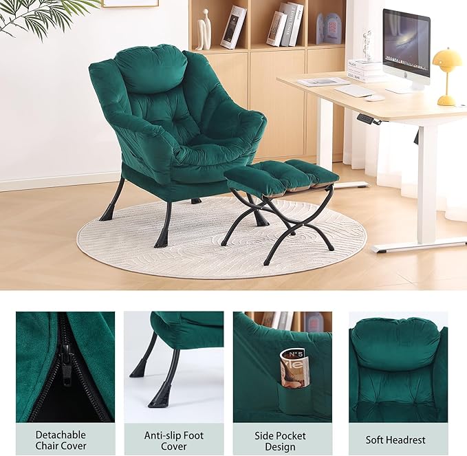 LITA Lazy Chair with Ottoman, Modern Accent Leisure Upholstered Sofa Chair, Contemporary Lounge Reading Chairs with Armrests and a Side Pocket for Living Room, Bedroom & Small Space, Dark Green
