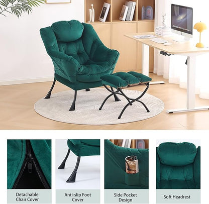 LITA Lazy Chair with Ottoman, Modern Accent Leisure Upholstered Sofa Chair, Contemporary Lounge Reading Chairs with Armrests and a Side Pocket for Living Room, Bedroom & Small Space, Dark Green