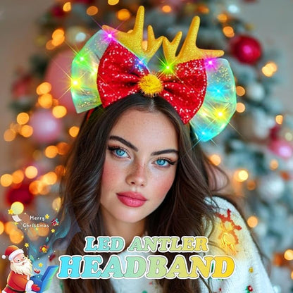 Zoestar Light Up Christmas Headband Led Reindeer Antlers Headpiece Glowing Bow Hair Band Party Hair Accessories for Women