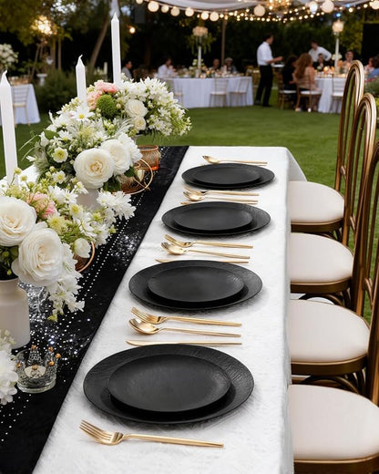 WONDERFUL 32pcs Black Plates Black Plastic Plates Unbreakable and Reusable Plastic Plate Dishwasher safe Dishes Set Includes:16 Dinner 10" & 16 Dessert Plate 7.3" Suitable for Christmas New Year