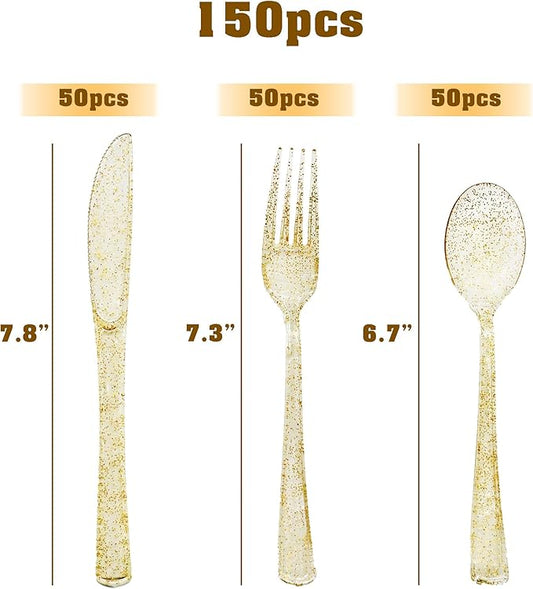 150 Pack Gold Plastic Silverware, Glitter Plastic Silverware Heavy Duty -50 Gold Glitter Forks, 50 Knives, 50 Spoons for Birthday, Baby Shower, Bridal Shower, Family Gathering