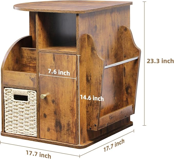 TooCust Rotating End Table with Storage, Swivel Side Table Living Room, Side Table with Magazine Holder, Basket and Cabinet, Sofa Side Farmhouse End Tables with Open Shelf (Rustic Brown)