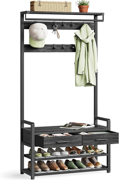VASAGLE Hall Tree with Bench and Shoe Storage, Entryway Coat Rack with Shoe Bench, 2 Fabric Drawers, 10 Hooks, 11.8 x 31.7 x 71.5 Inches, Stone Gray and Ink Black UHSR429B04