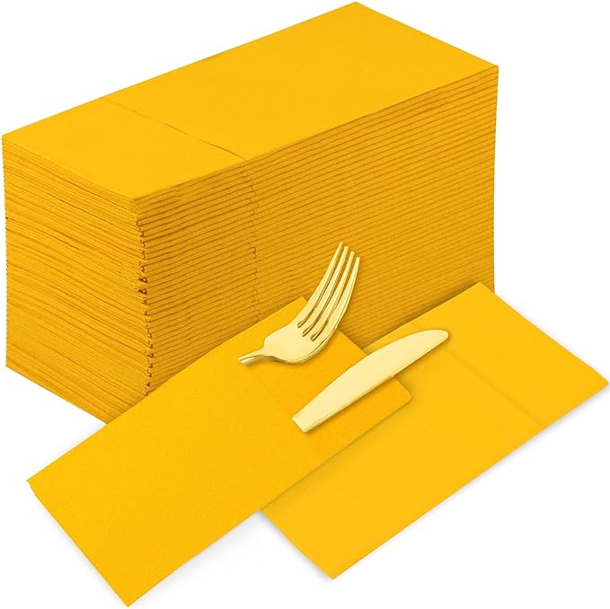 KAMMAK Dinner Napkins Disposable Orange-Yellow Cloth Like Paper Napkins with Pocket 100 Pack Wedding Napkins Reception Guest Hand Towels for Party, Decorative, Bathroom, Restaurant (16.5 x 16.5 inch)