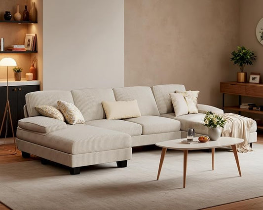 Furniwell Convertible Sectional Sofa Couch, 4 Seat Sofa Set for Living Room U-Shaped Modern Fabric Modular Sofa Sleeper with Double Chaise & Memory Foam (Corduroy, Beige)
