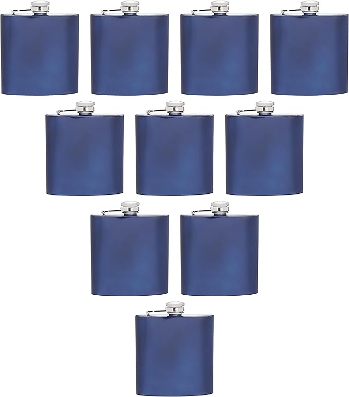 Murano Stainless Steel Hip Flasks 6 oz. Set of 10, Bulk Pack - Screw on Cap, Great for Wedding Party Gifts, Groomsmen Gifts, Outdoor Activities - Blue