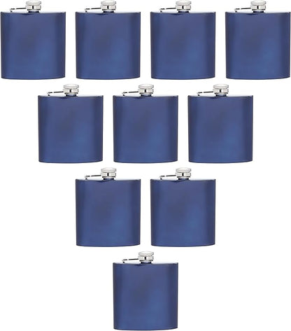 Murano Stainless Steel Hip Flasks 6 oz. Set of 10, Bulk Pack - Screw on Cap, Great for Wedding Party Gifts, Groomsmen Gifts, Outdoor Activities - Blue