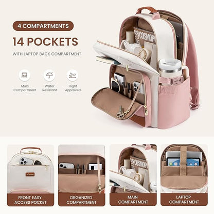 LOVEVOOK Laptop Backpack for Women with Pouch Pocket for Large Capacity Cup,17 Inch Teacher Nurse College Work Backpack Purse,Waterproof Laptop Bag Computer Back Pack for Travel, Beige-Pink-Brown