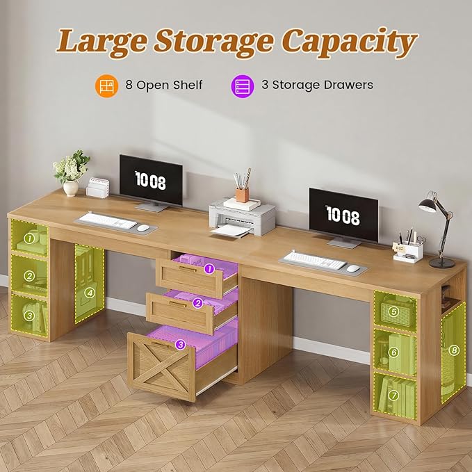 SEDETA Farmhouse 96.5" Computer Desk with Drawers, 2 Person Home Office Desk, Gaming Double Desk with Storage Shelves, Long Two Person Writing Desk, Oak