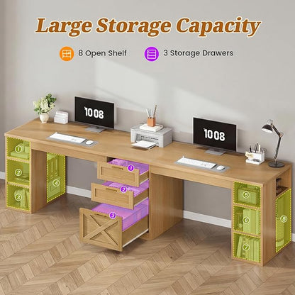 SEDETA Farmhouse 96.5" Computer Desk with Drawers, 2 Person Home Office Desk, Gaming Double Desk with Storage Shelves, Long Two Person Writing Desk, Oak