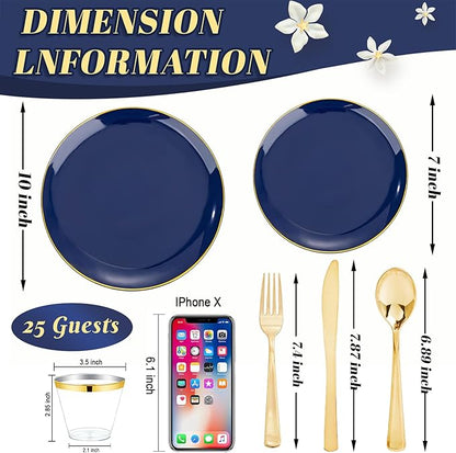 WDF 150pcs Blue plastic Plates - Navy Blue Plates Disposable - 25guest Disposable Dinnerware Sets for Hanukkah/Party/Wedding/Birthday