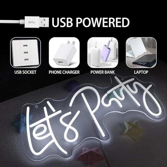Let's Party Neon Sign for Wall Decor Led Neon Lights for Teen Bedroom Decor Art Light Up Letters LED Neon Signs for All Party Decorations US 5v 21.7×10.4 Inch (White)