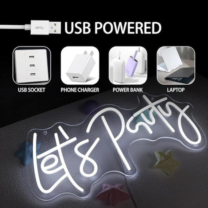 Let's Party Neon Sign for Wall Decor Led Neon Lights for Teen Bedroom Decor Art Light Up Letters LED Neon Signs for All Party Decorations US 5v 21.7×10.4 Inch (White)