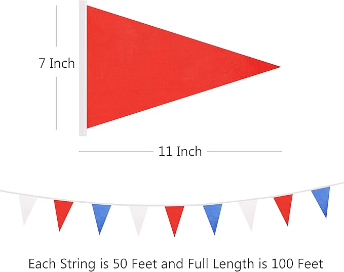100 Ft Pennant Banner Flag, 60 Pcs String Hanging DIY Bunting Flags for Wedding, Birthday, General Celebrations, Outdoor & Indoor Decorations (White Red Dark Blue, 11x7 Inches)