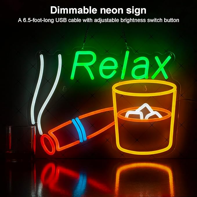 Relax Neon Sign, LED Neon light, Dimmable USB Powered, for Home Bar Patio Lounge Man Cave Pub Recreation Room Garage Wall Decor,Light Up Sign for Bourbon Bar Decor