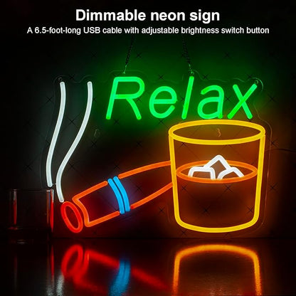 Relax Neon Sign, LED Neon light, Dimmable USB Powered, for Home Bar Patio Lounge Man Cave Pub Recreation Room Garage Wall Decor,Light Up Sign for Bourbon Bar Decor