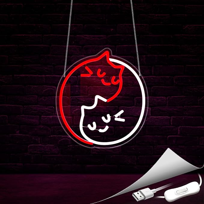 Cat Neon Sign, Neon Signs for Wall Decor Red White LED Light Up Signs Rome Decor for Bedroom Club Party Bar Shop USB Operated