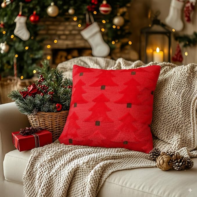 GEEORY Christmas Pillow Covers 20x20 Inch Set of 2, Christmas Decorations Xmas Tree Soft Plush Fluffy Faux Fur Decorative Throw Pillows Farmhouse Winter Cushion Case Red Brown GC035-20