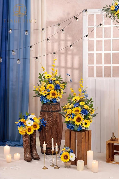 TINGE TIME Free Standing Artificial Sunflower Flowers Set of 2, Wedding Arch Altar Stage Decorations, Silk Fake Flower for Wedding Centerpiece Archway Aisle Welcome Entrance (Sunflower&RoyalBlue)