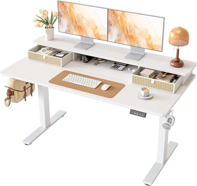 TIQLAB Standing Desk with Two Drawers, Stand Up Standing Desk Adjustable Height, Electric Sit Stand Table with Storage Shelf and Splice Board, 55 * 24 inch, White Wicker