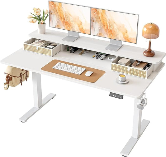 TIQLAB Standing Desk with Two Drawers, Stand Up Standing Desk Adjustable Height, Electric Sit Stand Table with Storage Shelf and Splice Board, 55 * 24 inch, White Wicker