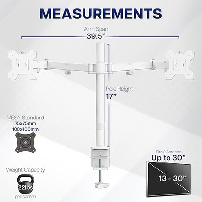 VIVO Dual Ultrawide Monitor Desk Mount, Heavy Duty Fully Adjustable Steel Stand, Holds 2 Computer Screens up to 38 inches and Max 22lbs Each, White, STAND-V038W