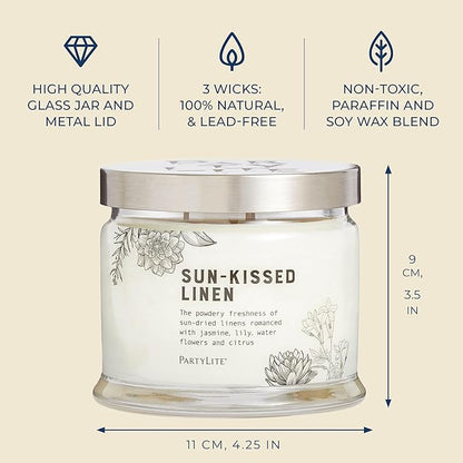 PartyLite Sun-Kissed Linen Scented, Notes of Jasmine Musk, Lily & Citrus, 13.2oz 3-Wick Jar Candle, 45 Hour Burn Time, Luxurious Fragrance, Ideal for Gifting