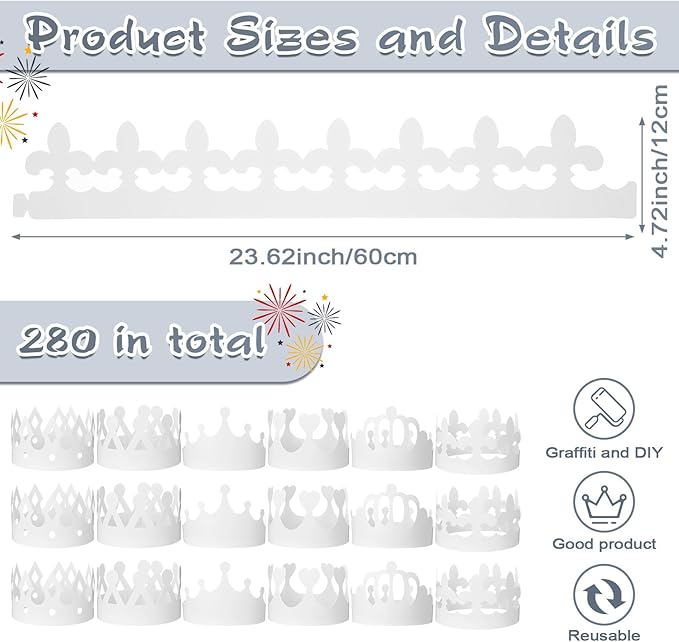 Thenshop 280 Pcs White Paper Crowns for Kids to Decorate Blank Birthday Party DIY Decoration Crowns for Kids Princess Queen(Classic Style)