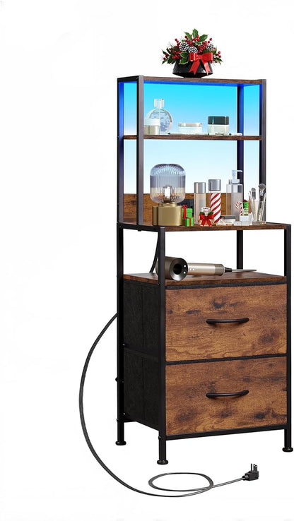 WLIVE Nightstand with Charging Station, LED Night Stand with 2 Drawers and 4 Storage Open Shelves, Fabric Dresser for Bedroom, Rustic Brown