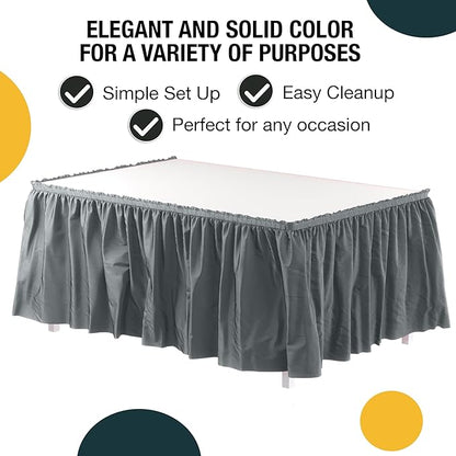 Exquisite Ruffle Table Skirt Silver 6 Pack 14 Ft Long for Rectangle 6ft Plus or Round Tables With Adhesive Strip for Gender Reveal Decor & Happy Birthday Parties