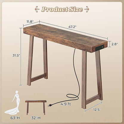 Huuger Entryway Console Table with Charging Station, USB-C Port, 47.2 Inch Sofa Table with Metal Legs, Entry Hallway Table with Thicker Desktop, Modern Behind Couch Table, Rustic Brown