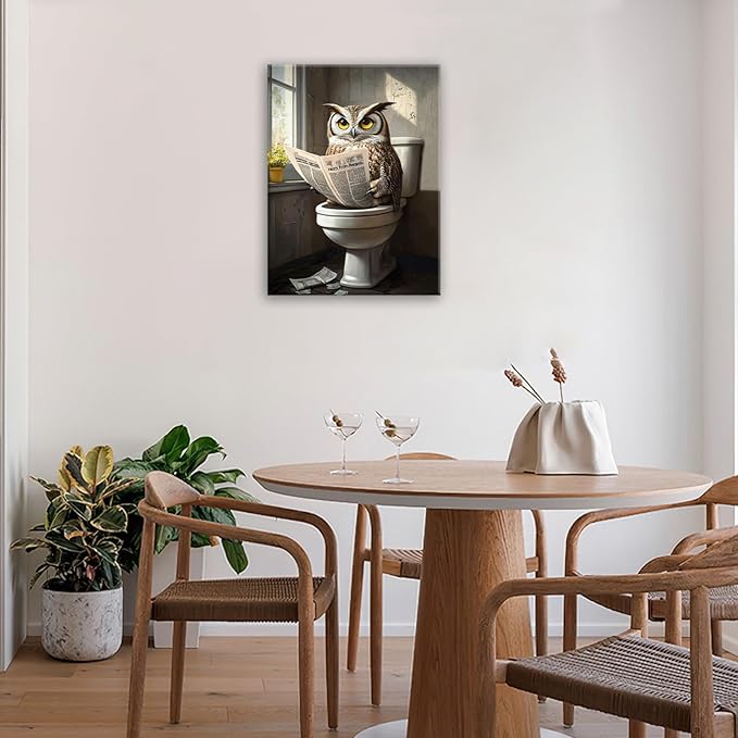Owl Bathroom Wall Art, Funny Owl Toilet Pictures Wall Decor, Bird Canvas Prints, Animal Painting, Framed Artwork for Bathroom Living Room Bedroom Office Dining Room 24"X16"