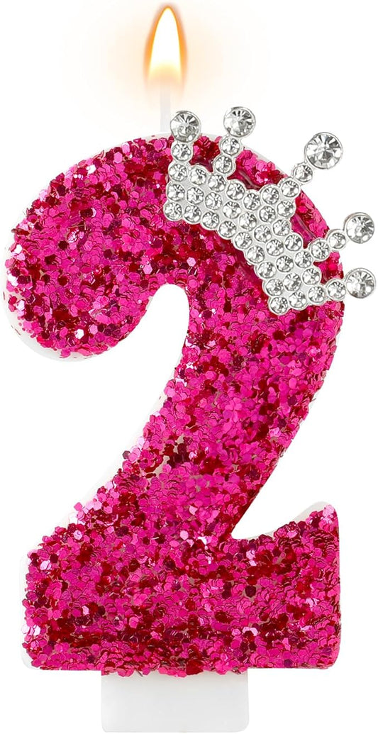 Hot Pink Birthday Candles Crown Number 2 Candle 2nd Birthday Party Decorations Cake Topper Cupcake Decor for Anniversary Celebrations Supplies