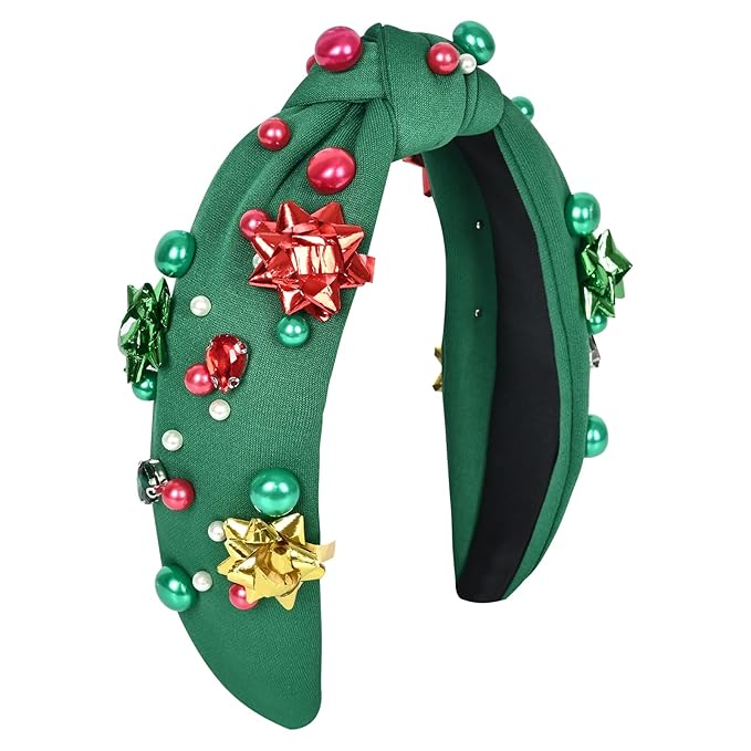 Christmas Headband for Women & Bride with Flower, Pearl & Crystal - Knotted Hairband, Top Knot Headpiece for Ugly Christmas Sweater, Holiday Party Costume, Dresses & Tops, Festive Gift (Green