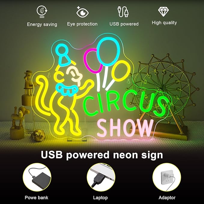 Lucunstar Monkey Neon Sign LED Circus Sign with Clown and Balloons for Theme Park LED Carnival Decor for Play Restaurant College Room Neon Light Animal Gifts for Circus Fans Teens