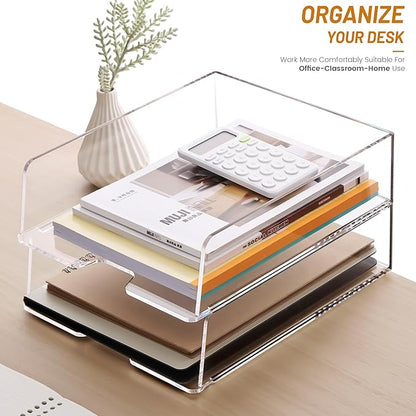 Enlarged Letter Paper Tray - Clear Acrylic Desk Organizers for Document Organization and File Storage - Stackable Office Accessories - 2 Pack (Large Tray V)